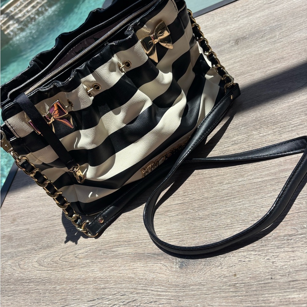 Betsey Johnson Black and White Striped Shoulder Bag with Gold Bows and Accents